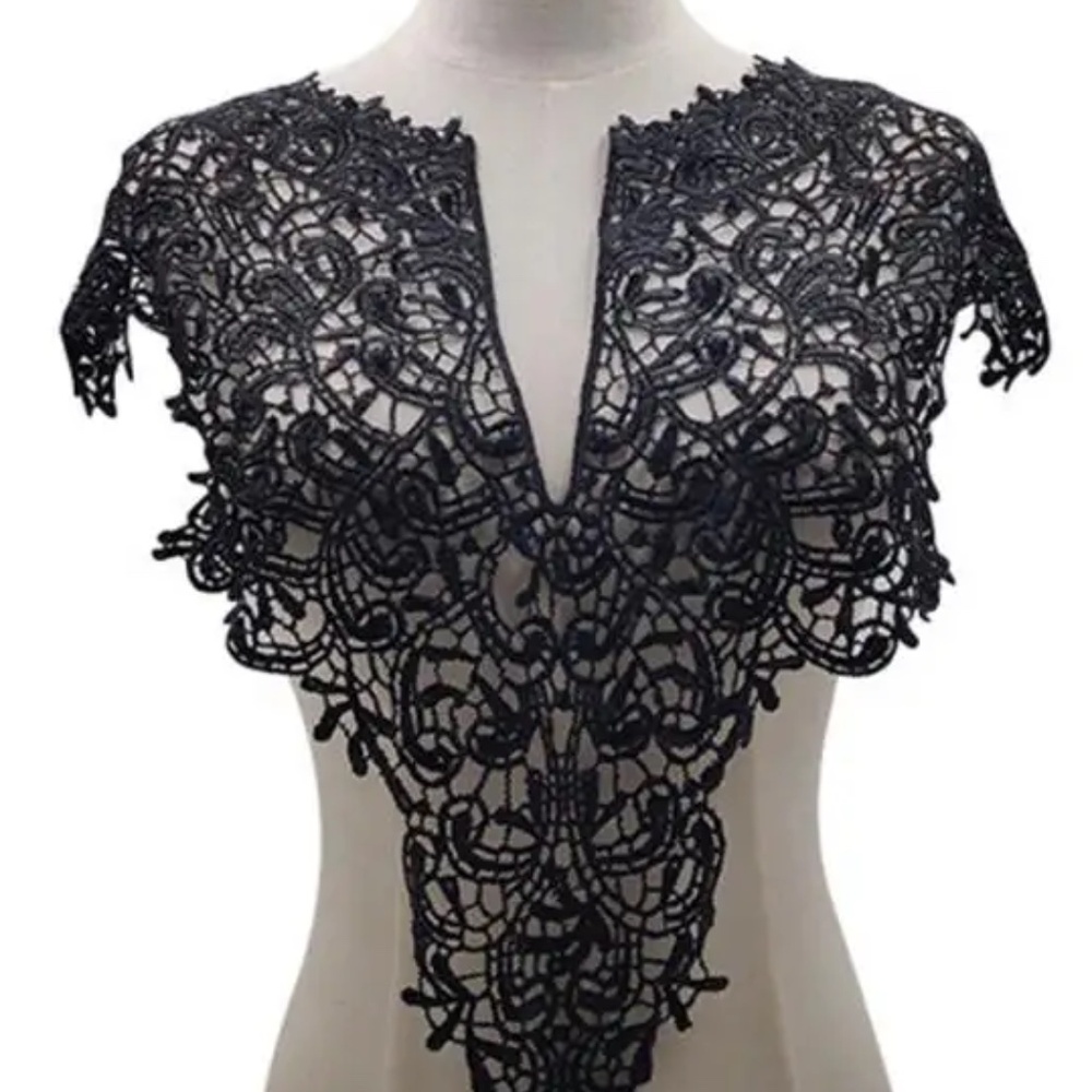 Embroidered lace V-neck neckline applique for sewing - black